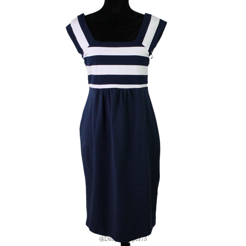 ANGEL Women's Cotton Blend Navy Blue & White Striped A-Line Dress - Small